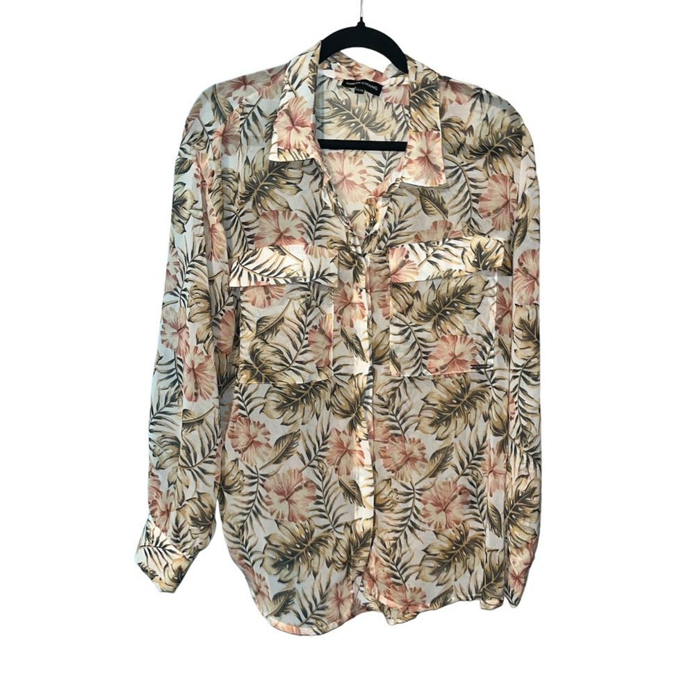 SIMON CHANG Sheer Button Front Blouse Tropical Print